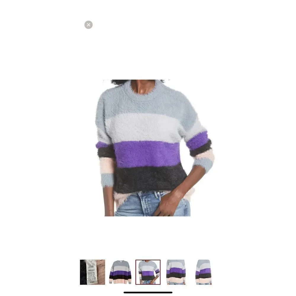 PRMA XS Fuzzy Eyelash‎ Knit Colorblk Striped Sweater Blue Purple Black Peach WMN